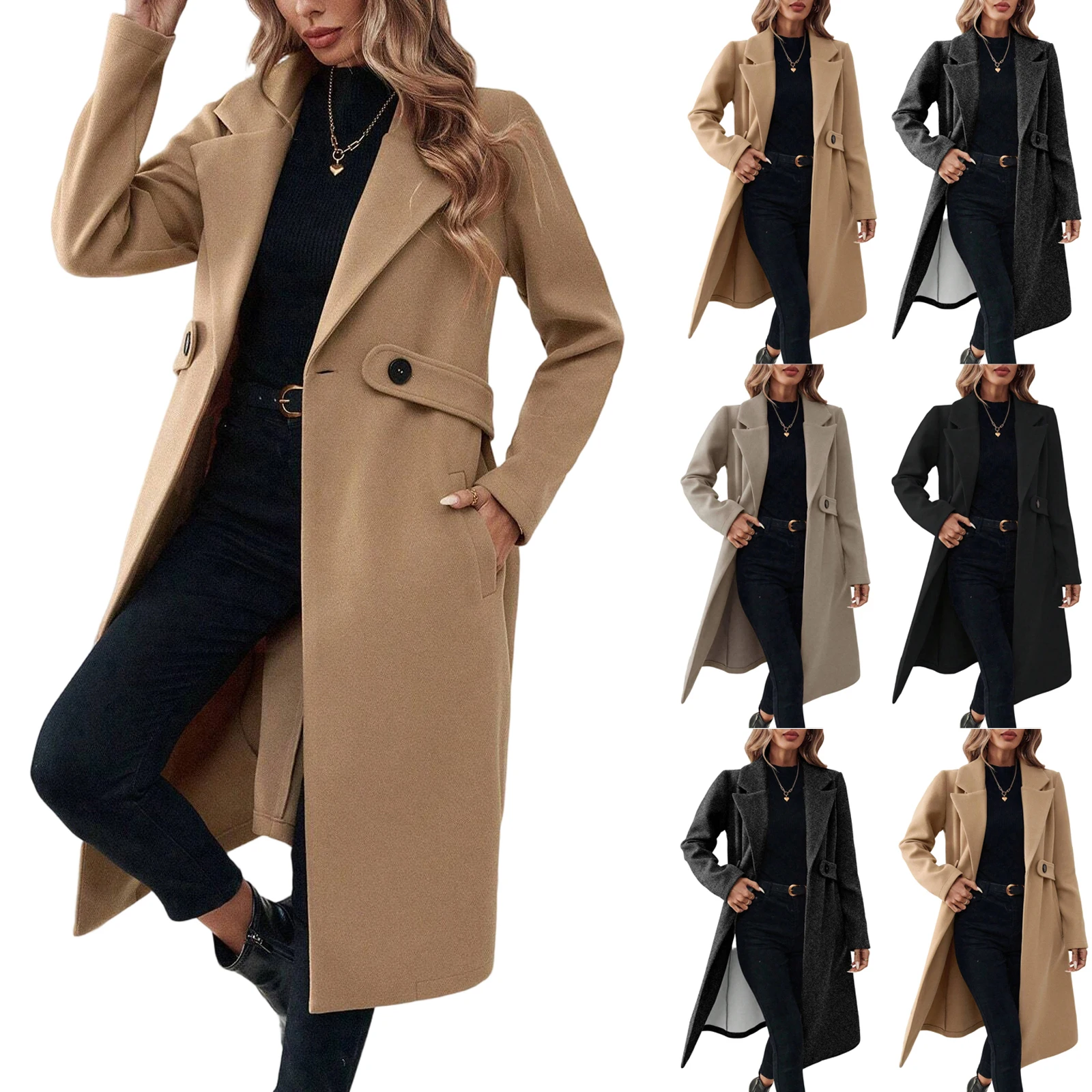 

Ladies' Classic Temperament Solid Color Button Long Coat Fall Winter Fashion Versatile Daily Commuted High Street Overcoat