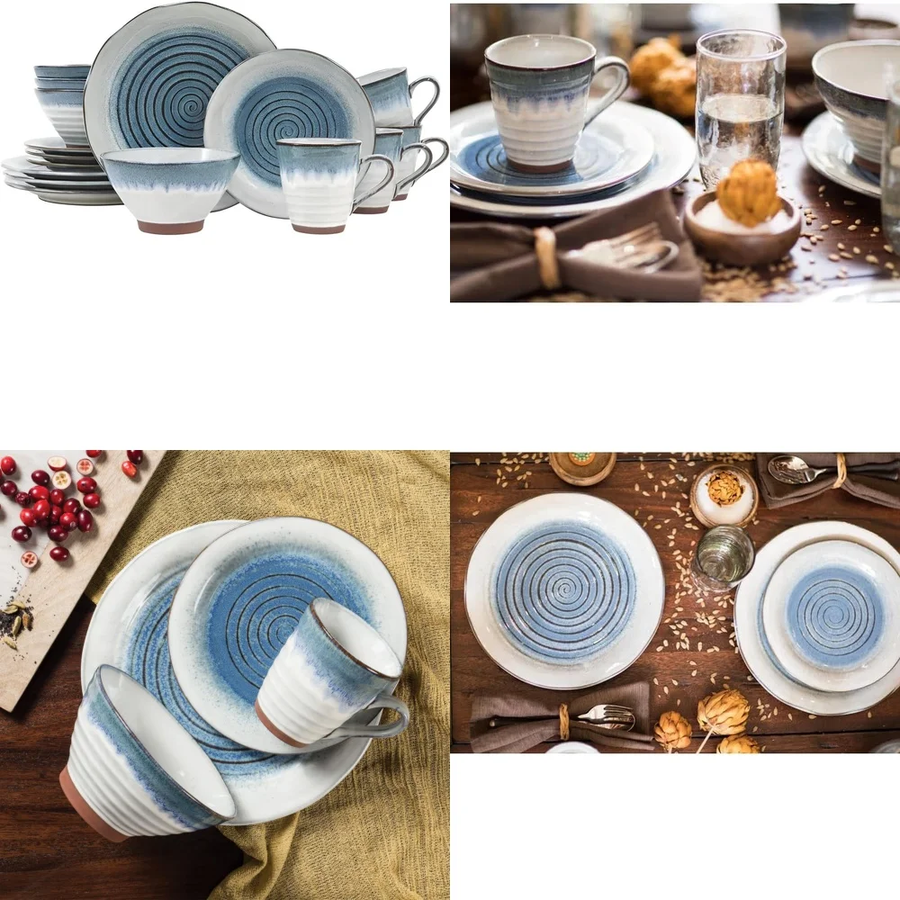 

Ceramic Tableware Set16 Piece Blue Stoneware Dinnerware Set for 4 Casual Dining Modern Design Durable Ceramic Tableware Blue and