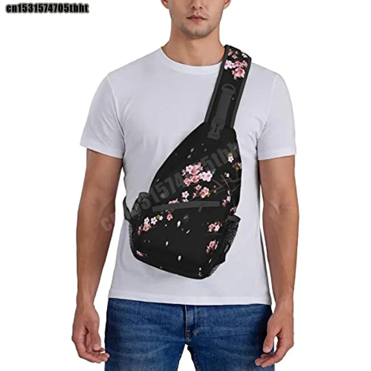 Cherry Blossom Sling Bag Crossbody Backpack,Falling Flower Petals Cherry Blossom Bloom Tree Branch Chest Bag Adjustable Casual