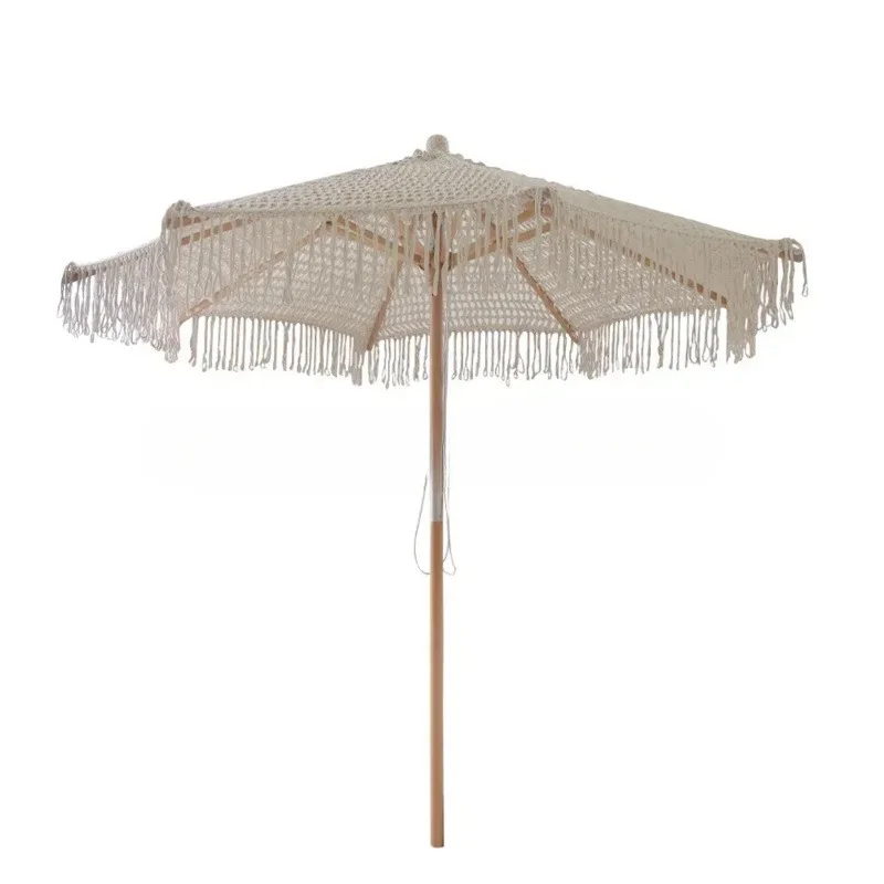 Bohemia Cotton Rope Parasols 2.5M Wooden Pole Handmade Tassels Woven Canopy Beach Umbrella With Macrame Fringe