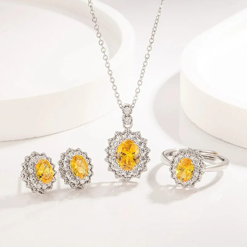 

European and American Light Luxury Zircon Yellow Jewelry Set High-end Necklace Earrings Ring For Women Fashion Party Accessory