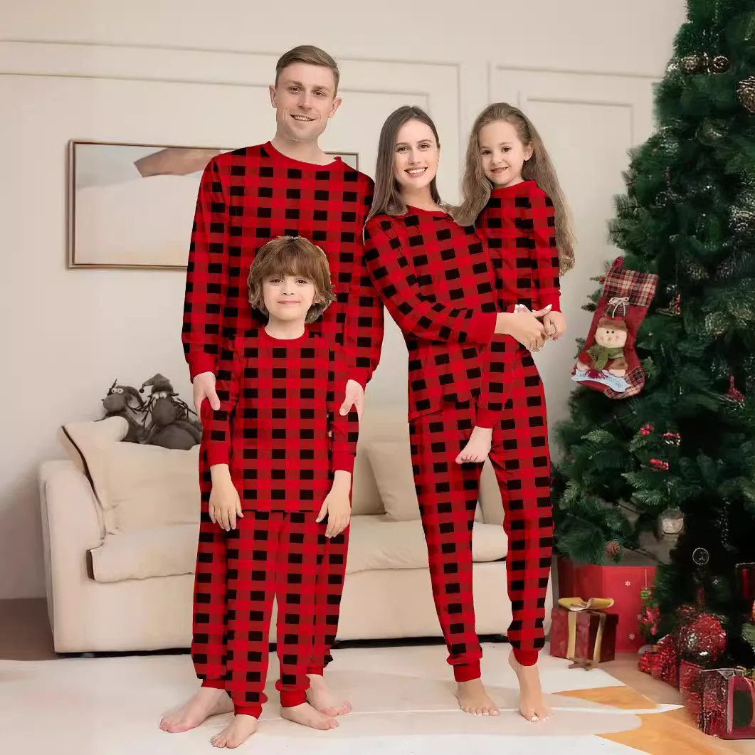 2024 new red and black checked Christmas family clothing cotton printed home dress pajamas 2 sets &3-24 months baby onesie