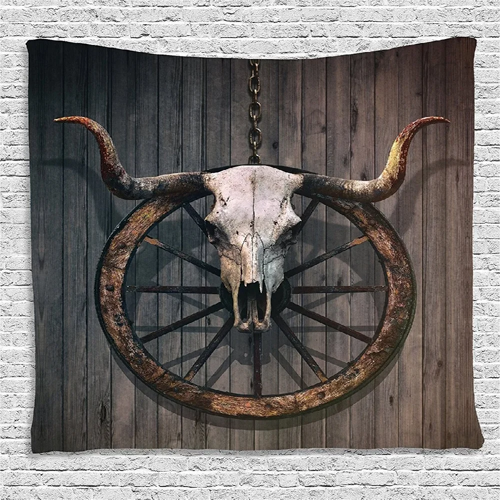 Longhorn Skull Tapestry Wall Hanging Bedroom Room Decor Hippie Old West Wagon Wheel Antique