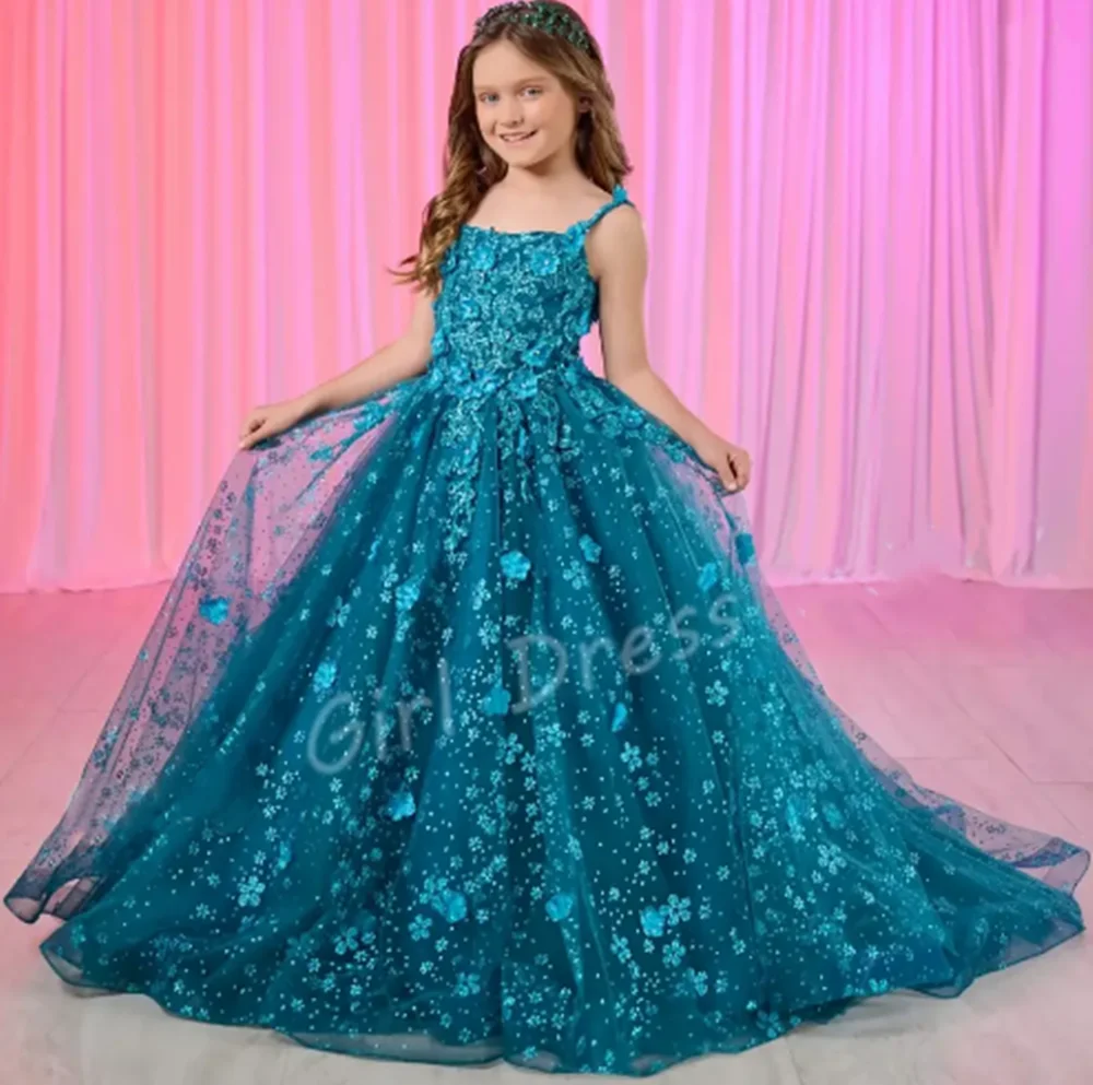 

Customized Hot Blue Flower Girl Dresses For Wedding Sequin Floral Appliques Gorgeous Kids Pageant Birthday Party Banquet Gown
