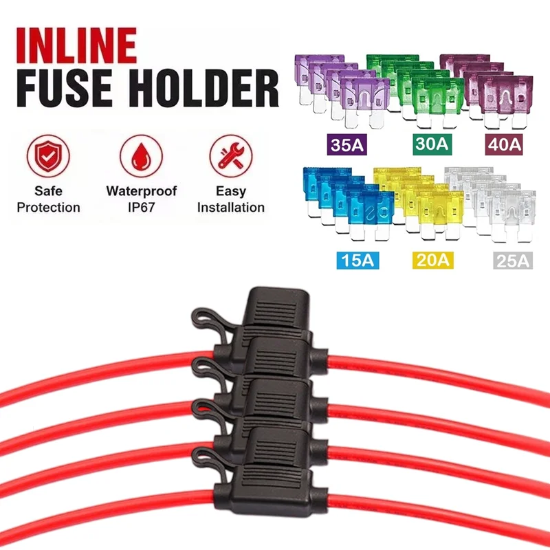 Mini Car Inline Fuse Box Set 4/8 Pack Splash-proof 10AWG Cuttable Line With 15A-40A Standard Fuses Safety Protection for Boat