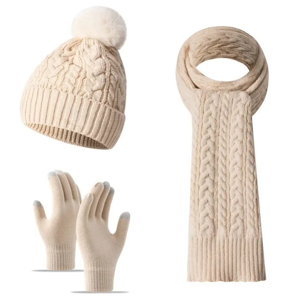 3Pcs/Set Warm Winter Hat Scarf Gloves Set Knitted Windproof Knit Beanie Snood Set Touchscreen Thicken Scarf Neck Warmer Suit