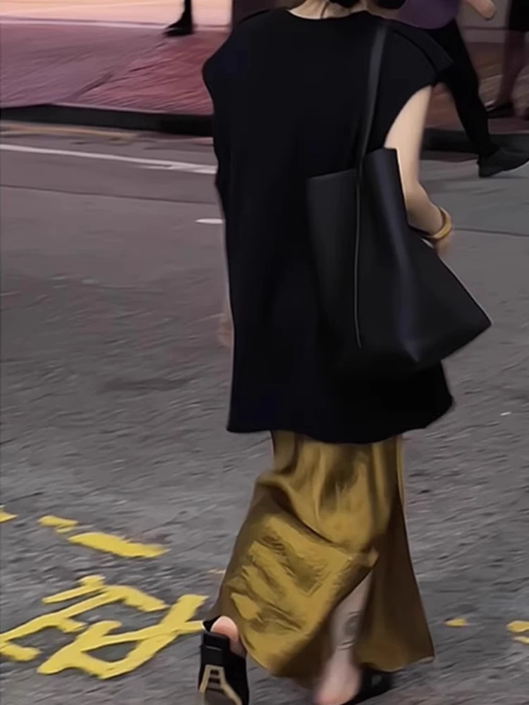 High-End Luxury Gold Satin Half-length Skirt Women's Summer Design Sense Split Wrap-around Skirt High Waist Straight-cut Long...