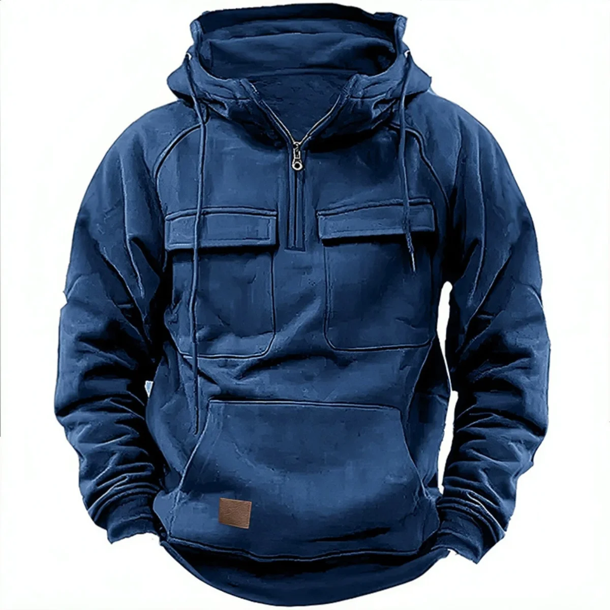 Youth Men's Solid Color Hoodie Casual Pullover Autumn Winter Fashion Patch Design with Multi Pockets Streetwear
