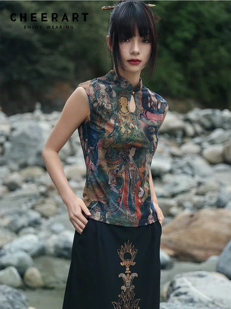 

CHEERART Dunhuang Murals Cheongsam Blouse Woman Elegant Sleeveless Mesh Tops Summer 2025 Vintage Ladies Blouses Tops Clothes