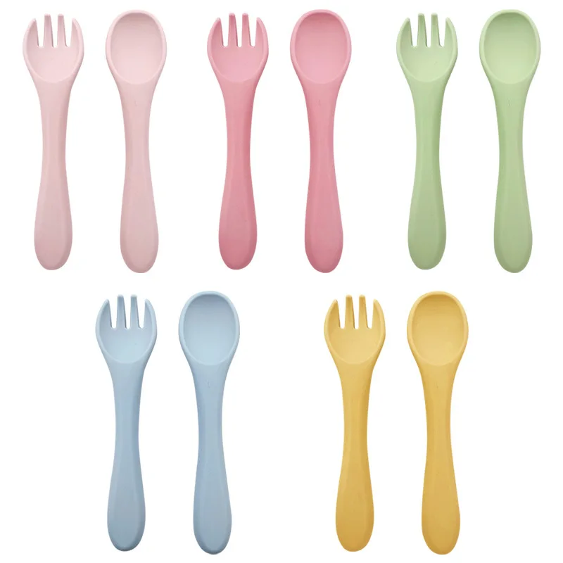 

2pcs Bpa-free Soft Silicone Spoon And Fork Feeding Set For Babies Toddler Cutlery Solid Food Tableware Children