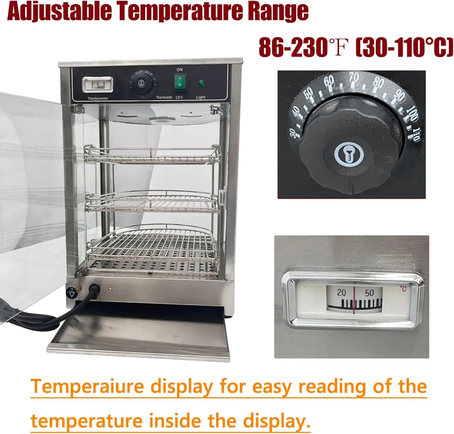 Commercial Food Warmer 3 Tier Countertop Food Display Case, 110V 850W Stainless Steel Pizza Warmer with Temperature Display