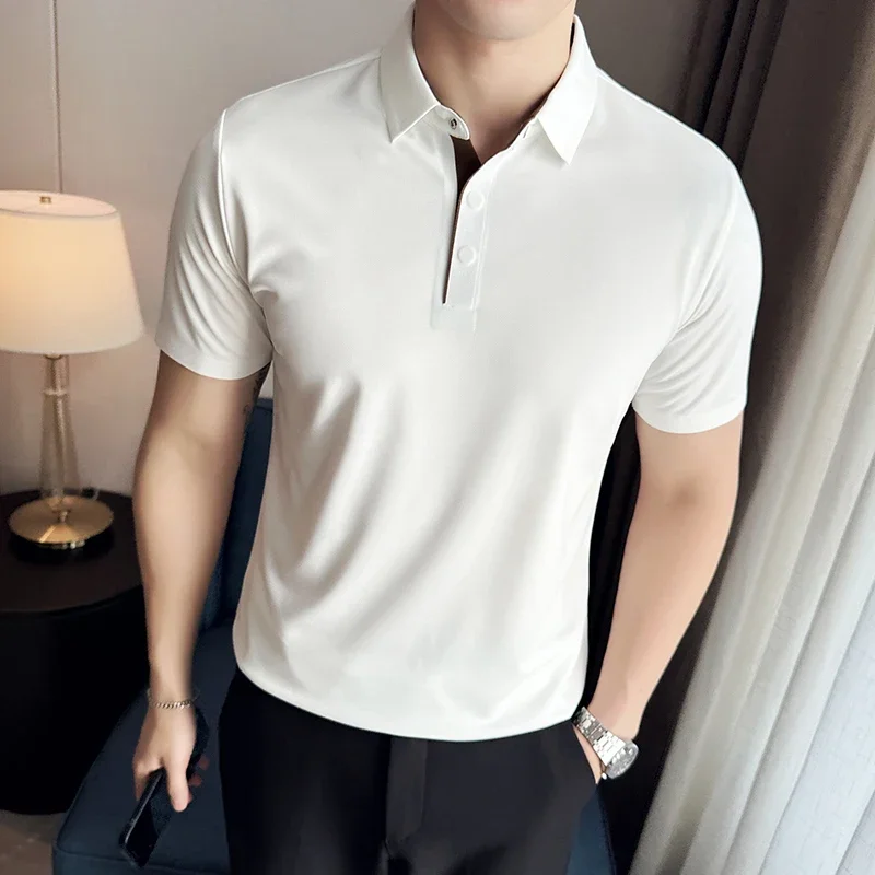 2024 Men Anti Wrinkle Magnetic Button Polo Shirt Fashion Versatile Trendy High Street Business Leisure High Quality Hombre Polo