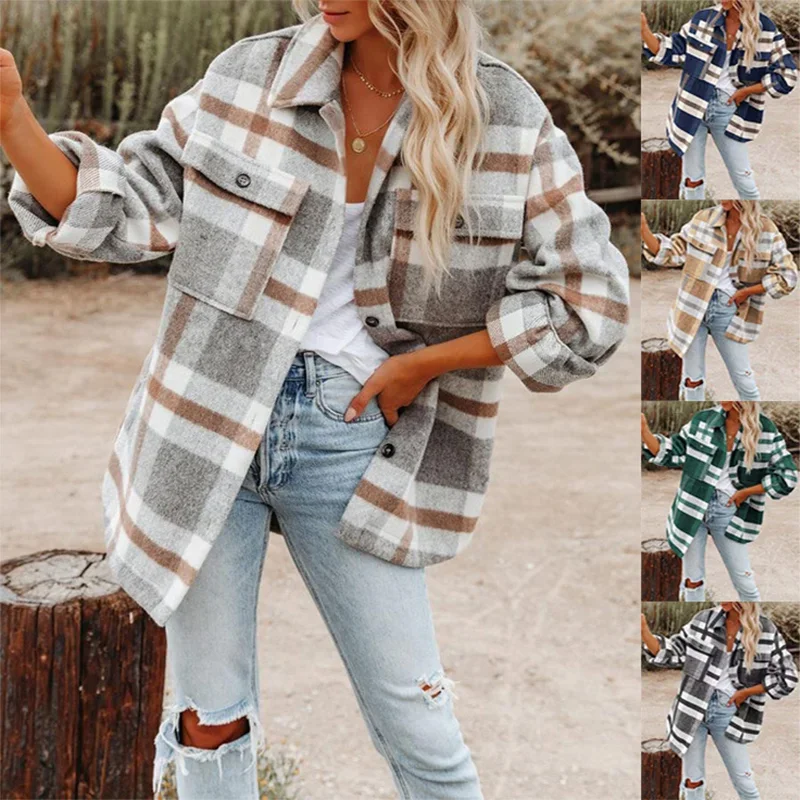 

2024 AutumnWinter European and American Women's Wear Autumn/Winter Long Sleeve Polo Collar Loose Plaid Thickened Woolen Coat