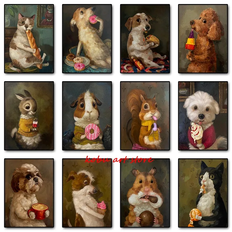 Vintage Funny Puppy Eating Donut Art Poster Print Cute Amusing Kitten Eating Snacks Canvas Painting Living Room Wall Home Decor