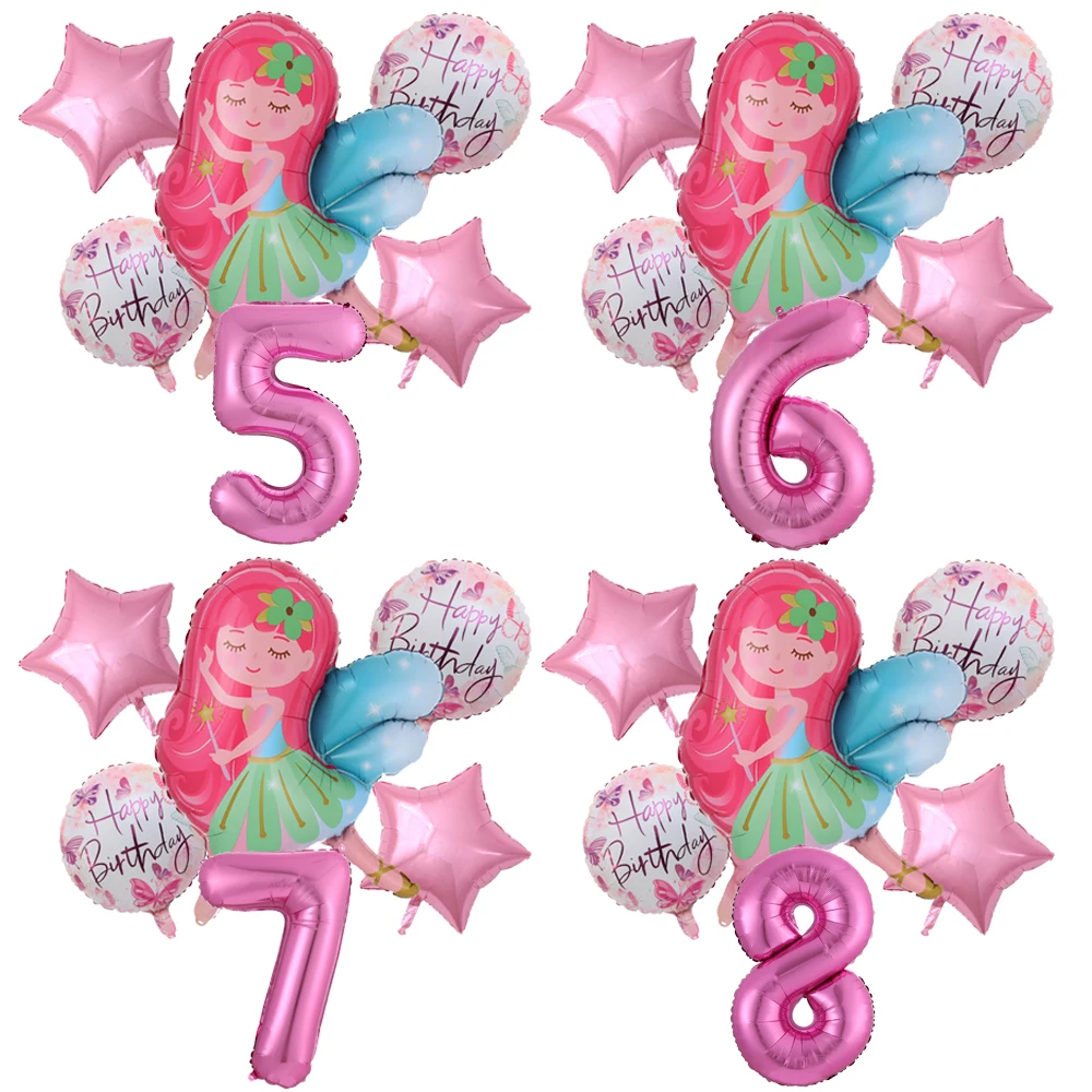 6pcs Little Fairy Girl Balloons Butterfly Sunflower Foil Balloon 32inch Pink Number Balloon 1-9 Year Girl Birthday Party Decorat