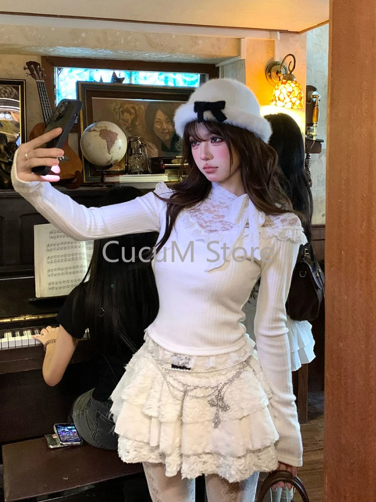 Y2k Lace Women Sweater See Through Vintage Harajuku Korean Fashion Knitted Pullovers Gyaru Sweet Slim Autumn Winter New