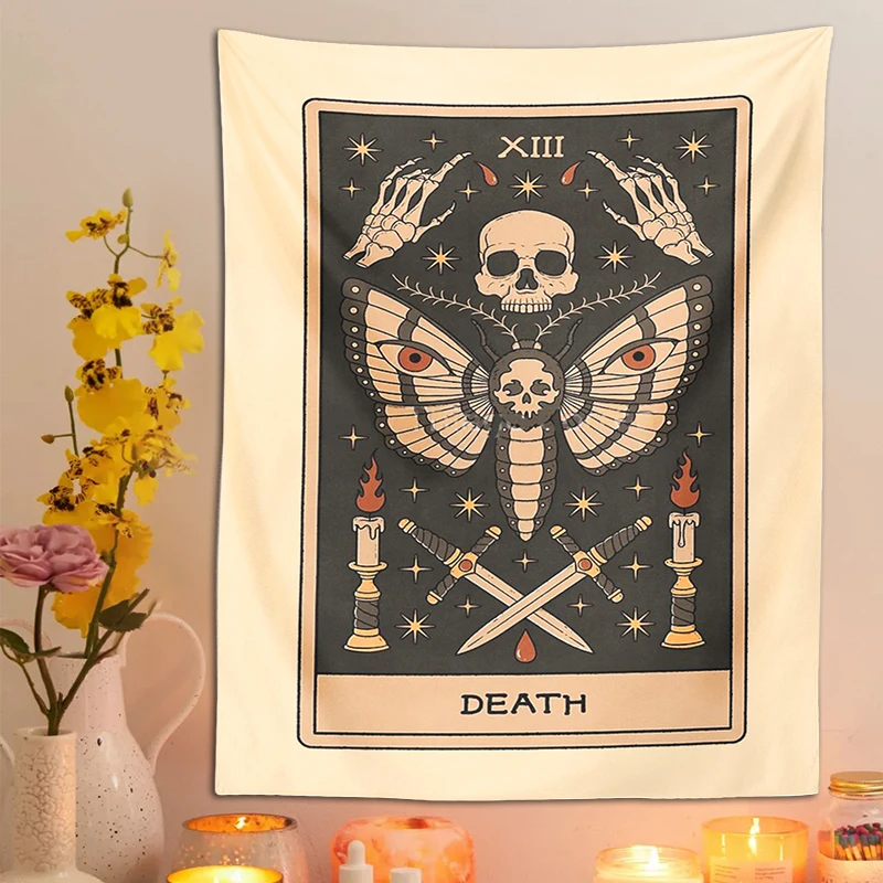 Moth Tarot tapestry Death psychedelic scene home decoration art Astrology Divination Hippie boho skull wall hanging beach mat