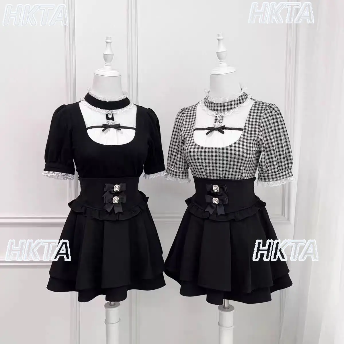 Japanese Style Mass Production Type Liz Plaid Shirt Summernew Lace Stand Collar Bows Sweet Short-sleeved Knitting Tshirt Tops