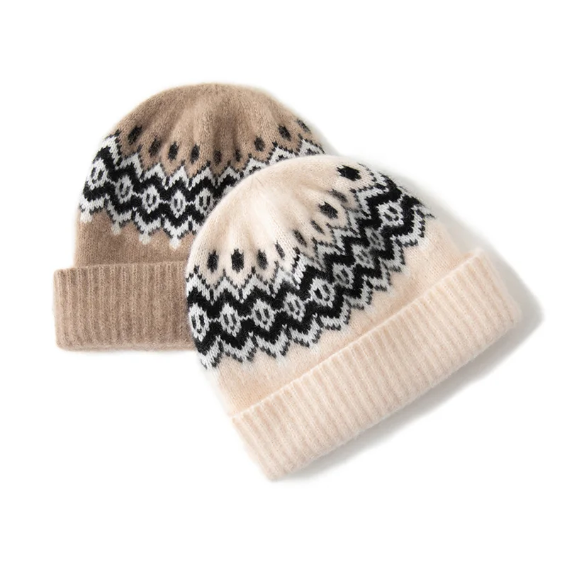 Women's High-Quality 100% Cashmere Knitted Hat Fashionable Jacquard Flanged Winter Warm Embroidered Cashmere Cold Hat