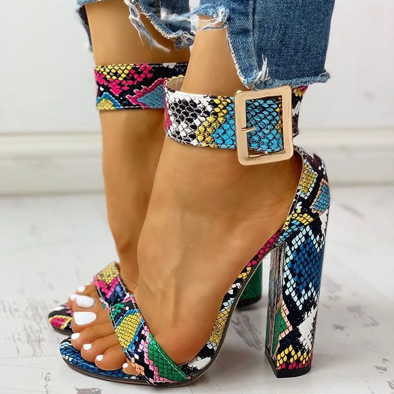 wishForeign Trade New2020Summer European and American Belt Buckle Snake Pattern Chunky Heel Sandals Women plus Size40-43sandals