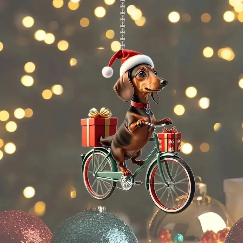 1pc Fun Pendant Puppy Riding Bicycle Christmas Tree Ornaments Double-printed Acrylic Hanging Car And Bag Keychain Decorations