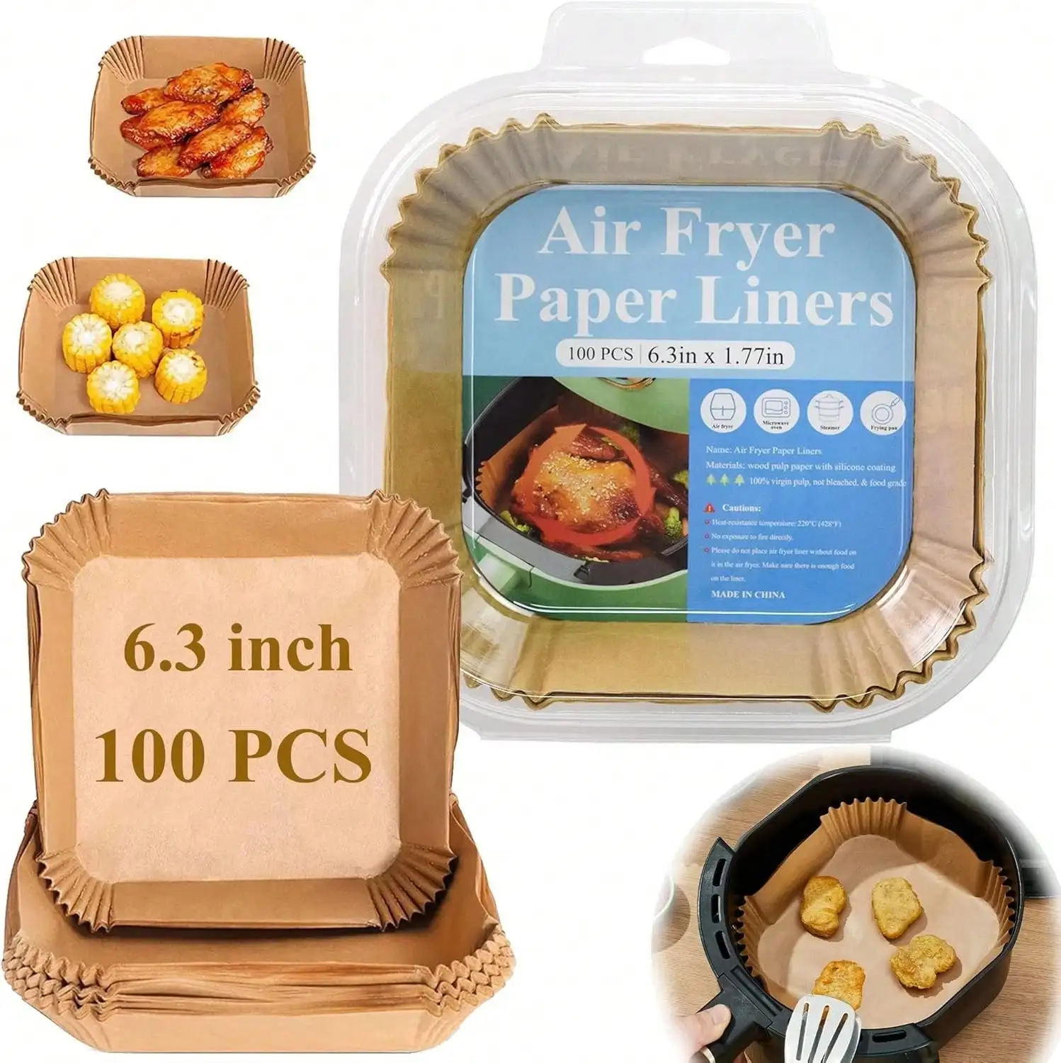 200Pcs 8 Inch Square Air Fryer Paper Liners with 1pc Stainless Steel Tongs, Disposable Non-Stick Oil Resistant Parchment Paper, Fit 3-5QT Air Fryer for Baking Roasting Reheating, Easy Cleanup