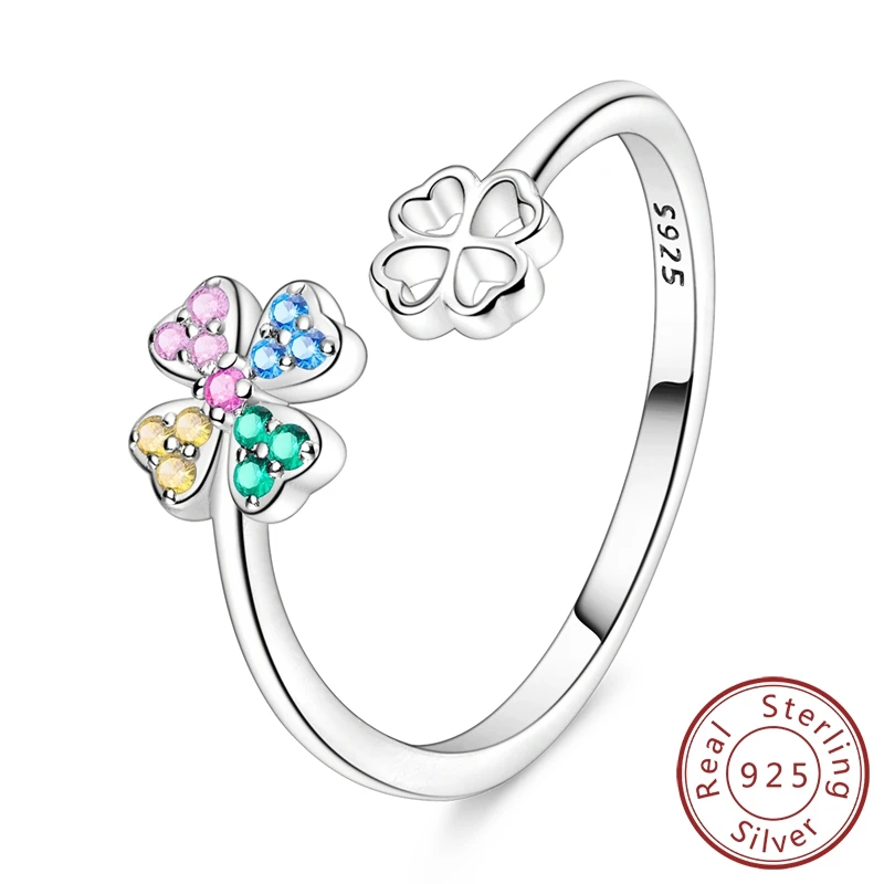 Fantastic 100% 925 Sterling Silver Colorful Lucky Four-leaf Clover Open Ring For Girl Daily Jewelry Ring