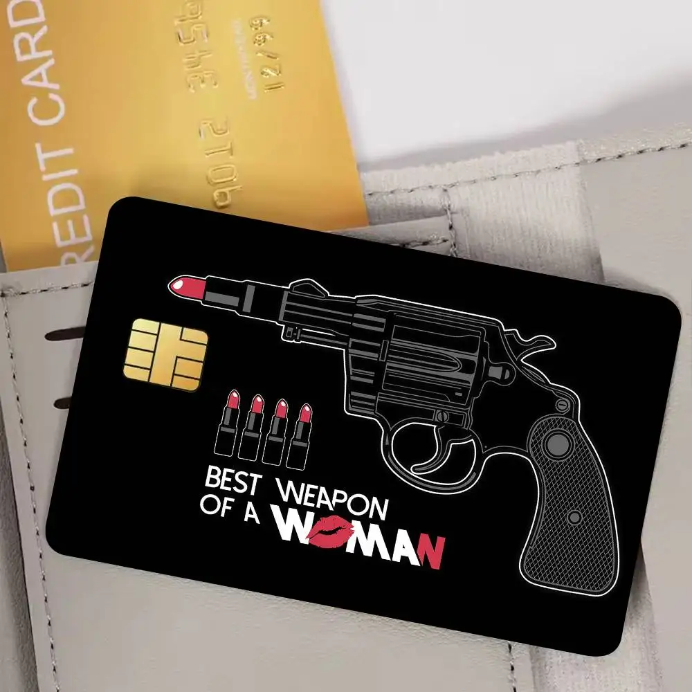 Girl Gun Lipstick Film Skin Cover Credit Card Stickers 4PCS Debit Front Decoration Bank Bus Pass Waterproof