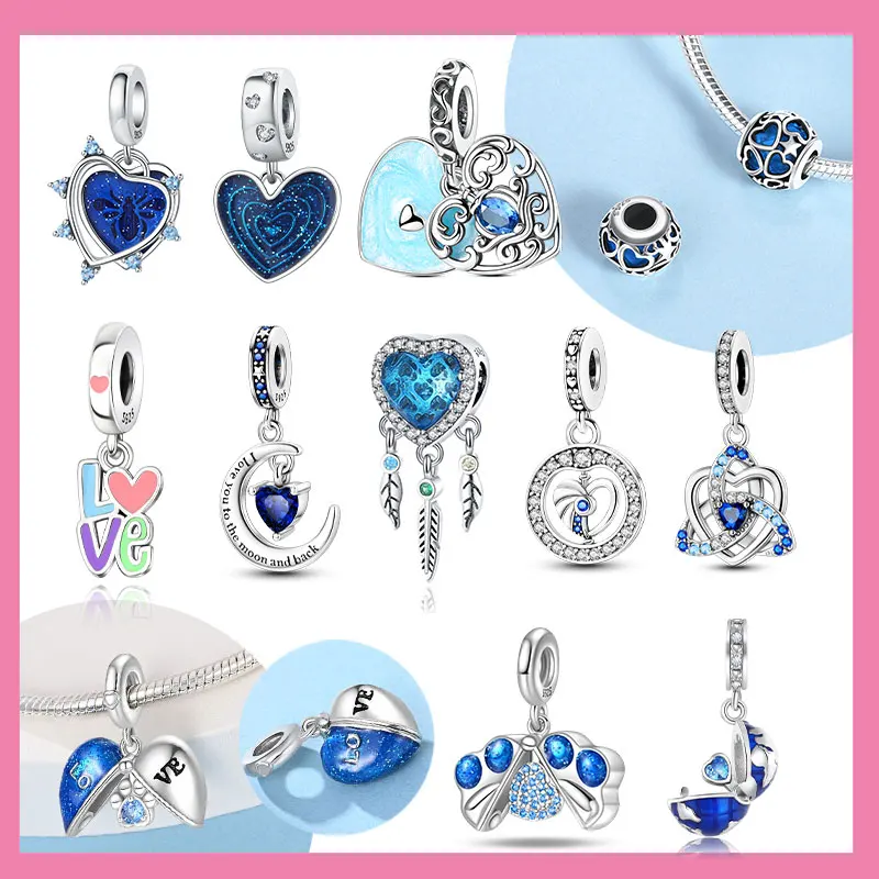 

925 Sterling Silver Letter LOVE Charms Blue Series Retractable Hearts Beads Pendants Fit Bracelet Diy Jewelry Gifts for Women