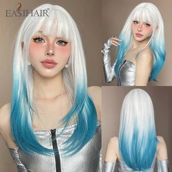 Long Straight Light Blue White Synthetic Wig with Bangs Sky Blue Ombre Cosplay Layered Wig for Women Heat Resistant Natural Hair