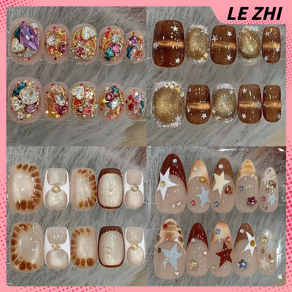 

Kawaii Maillard Cat Eyes Stars Diamond Handmade Square Almond Press On Nails Autumn Winter Flower Pearl Bow Gradients Fake Nails