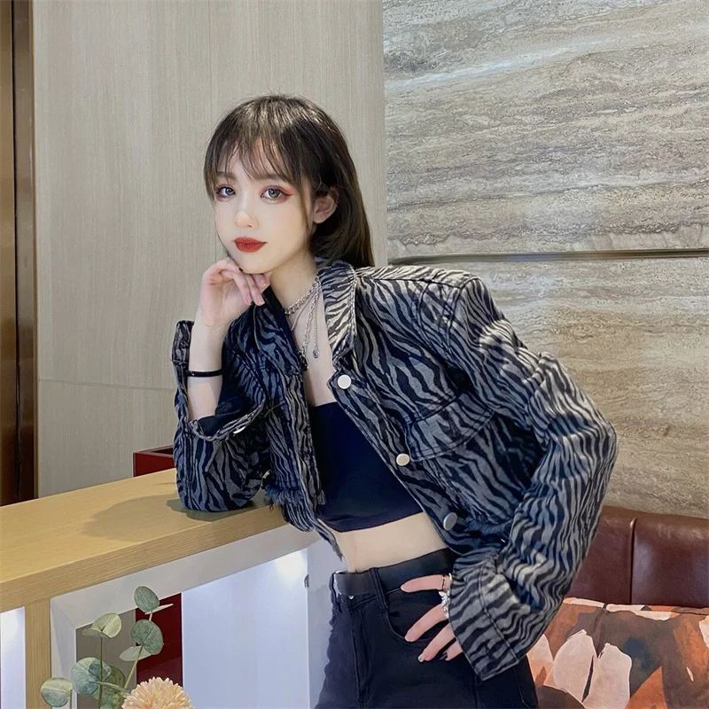 

Women Outerwears Women Jackets Denim Jacket Tie-dyed Graffiti Zebra Denim Jacket Women's Spring and Autumn Loose Short Jacket