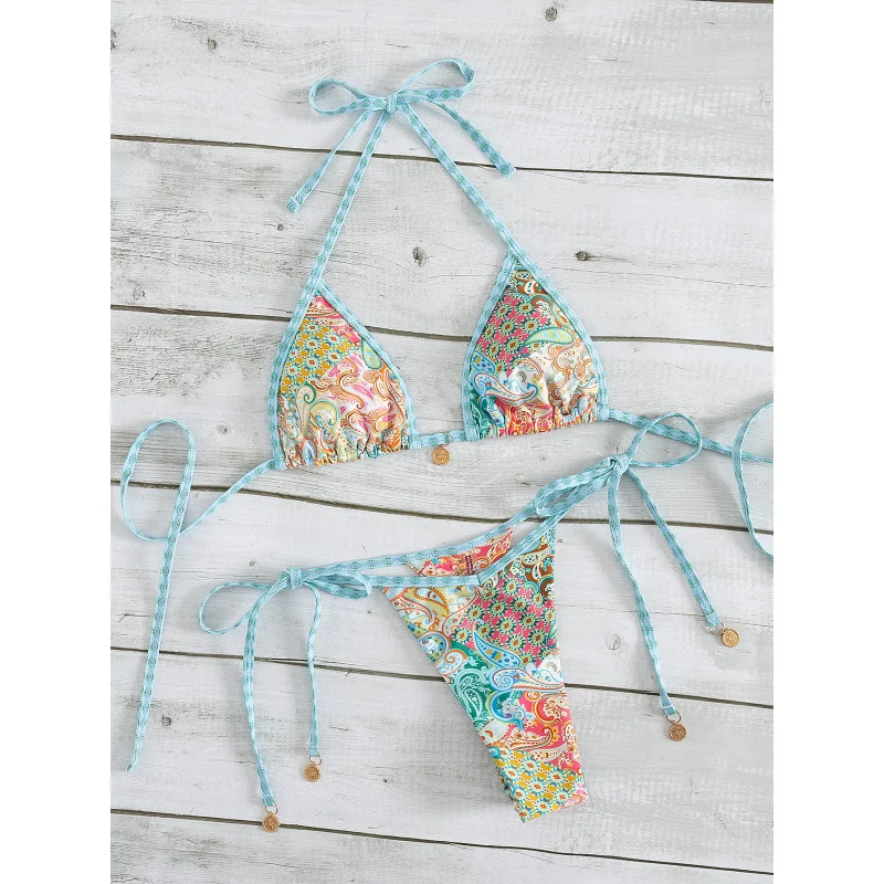 

New Soft Bag Multi-color Printed Front and Middle with Small Decoration Halter Neck Backless Sexy Party Bikini Set