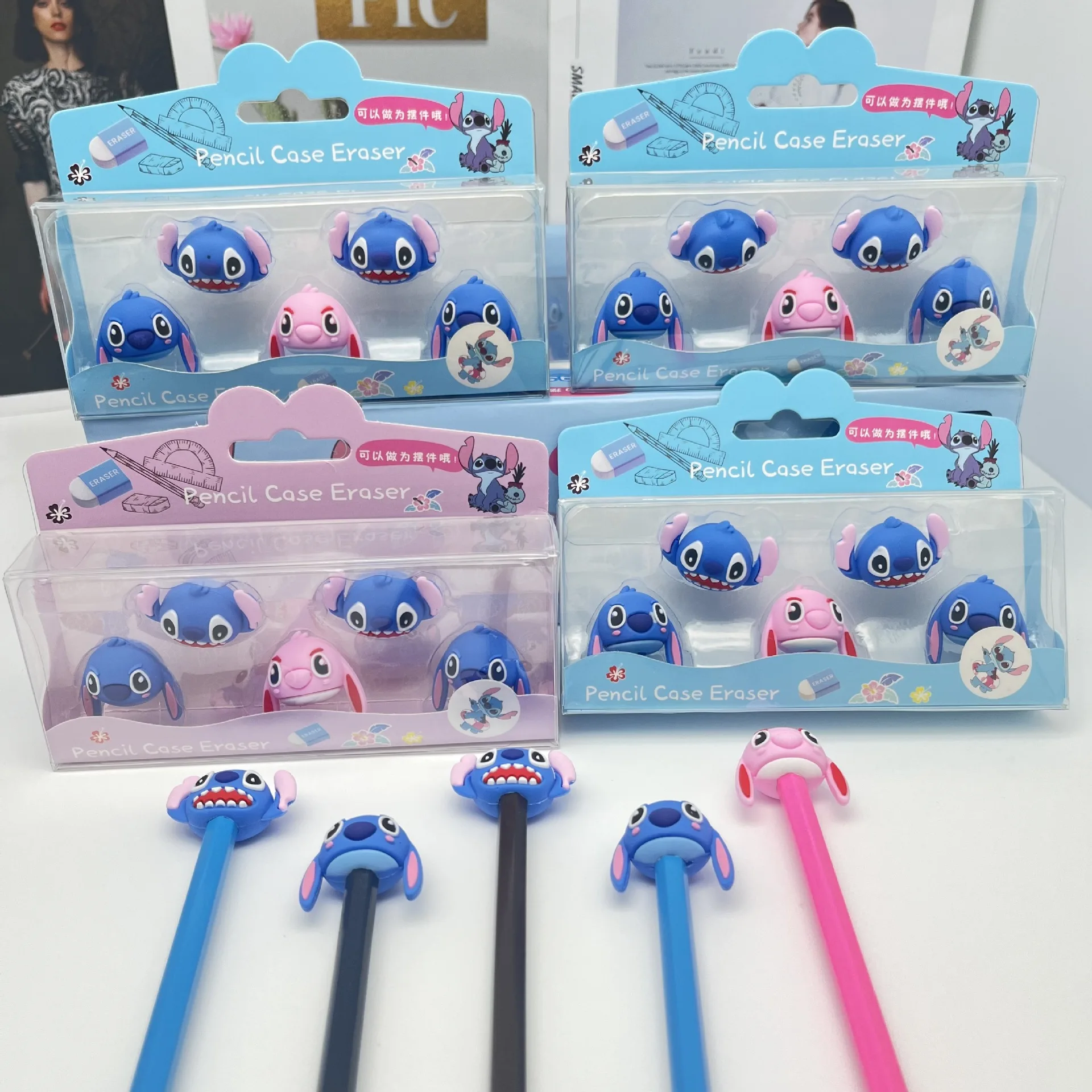 

24pcs/Box Disney Lilo & Stitch Eraser Angel Stitch Student Stationery Eraser Pencil Top Protector Caps School Supplies Wholesale