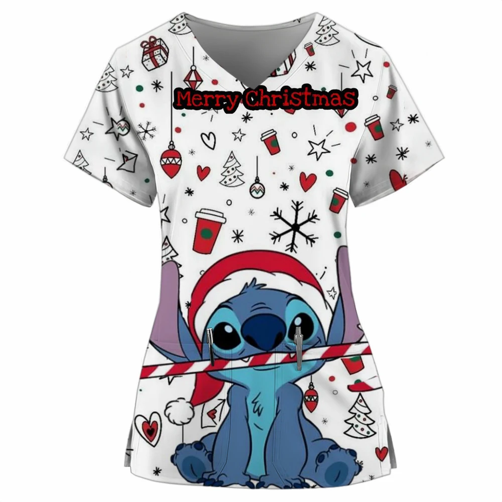 Christmas Hospital Nurse Blouse Disney Stitch Medical Uniforms Women Nursing Scrubs Shirts Midwife Workers Scrubs Top pocket