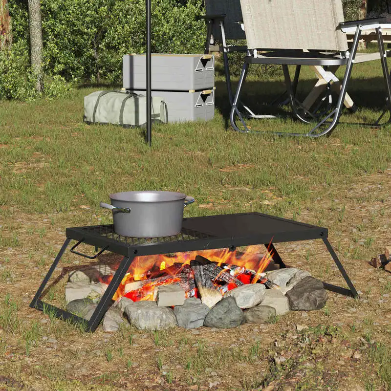 Grille de camping pliable noire 31,5 x 26,5 x 4 cm en acier allié. Barbecue/rôtissoire d'extérieur. Fabriqué en métal robuste, il vous permet de organiser des fêtes ou des rassemblements dans votre cour à tout moment, n'importe où.