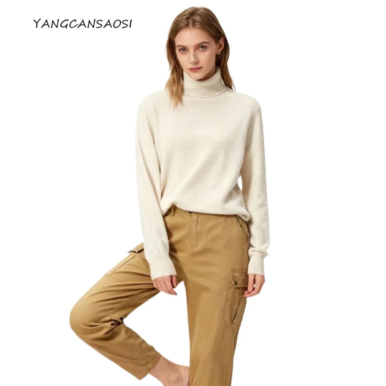 

Fashionable Autumn/Winter Solid Versatile Knitted Sweater Soft 30% Cashmere 70% Wool Women's Thick High Neck Loose Pullover