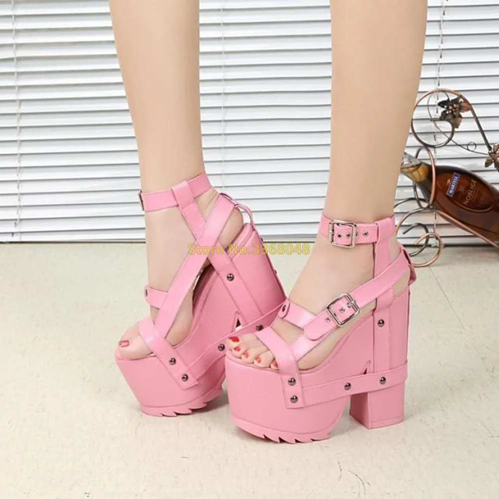 Pink Platform Chunky Heel Sandals Super High Heel Rivet Handmade Pole Dance Shoes Open Toe Fashion Dress Sandals