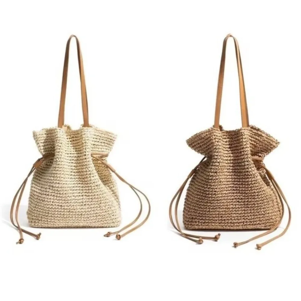 

Summer Drawstring Crochet Bag Straw Woven Solid Color Tote Bag Square Large Capacity Shoulder Bag