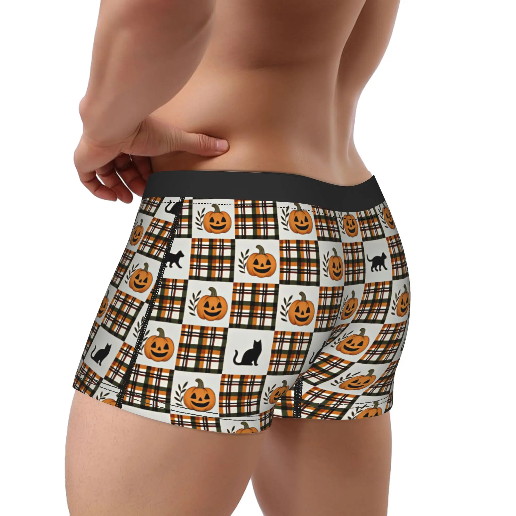 Halloween Plaid Black Cat Pumpkin Checkered Seamless Pattern Underwear  Boxer Brief Comfortable Boxershorts High Quality Panties