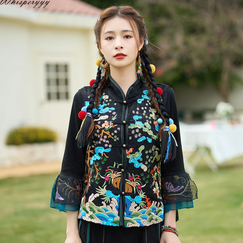 

Ethnic Style Embroidery Vest Short Women New Chinese Style Sleeveless Top Traditional Chinese Costumes Waistcoat Fashion Vintage