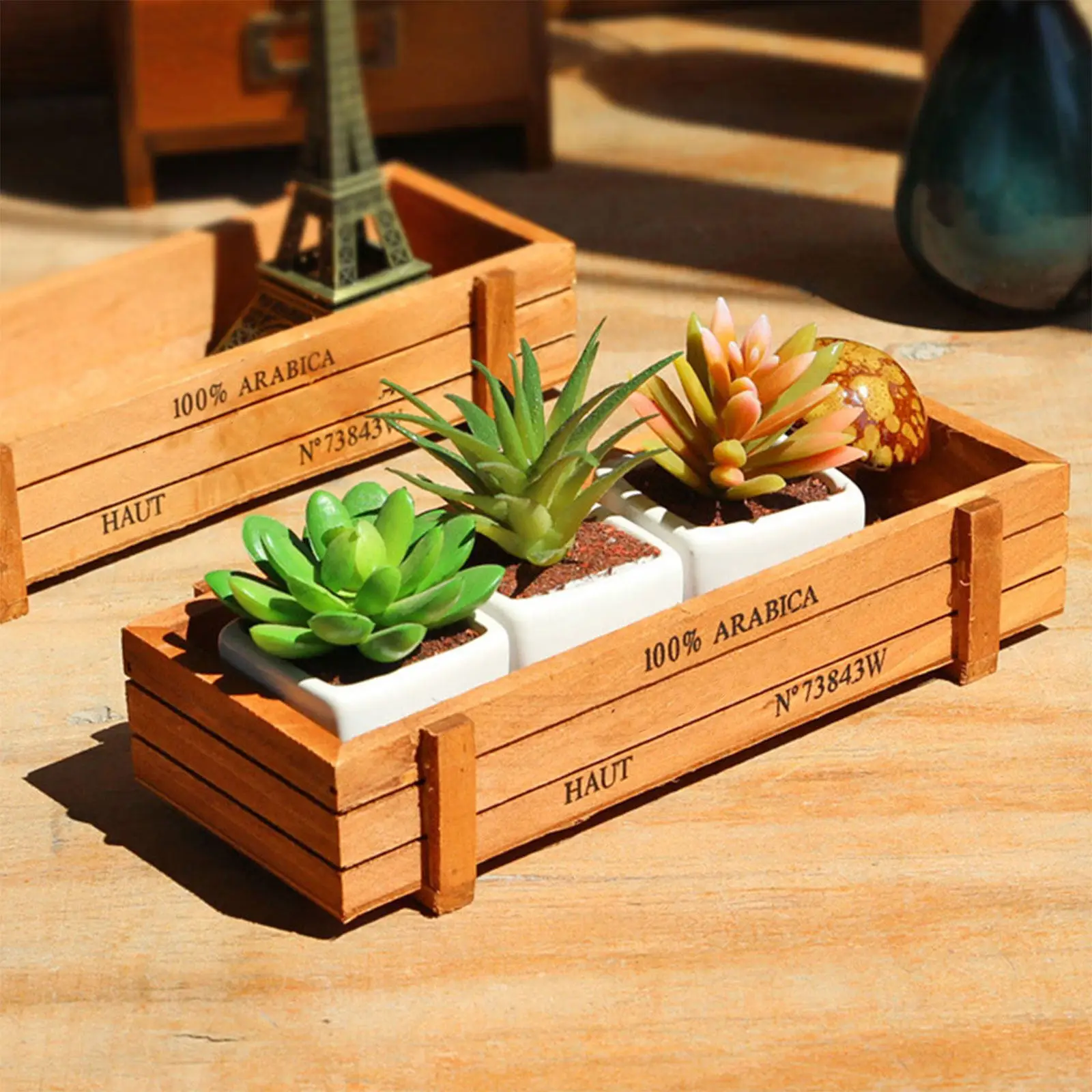 2Pcs Rectangular Wooden Succulent Planter Box Light Brown Natural Wood Flower Pot for Indoor Desk Window Sill Office Living Room