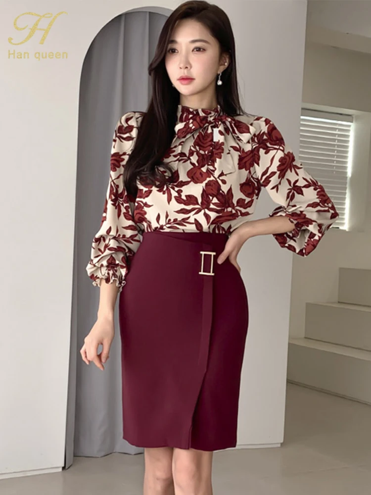 H Han Queen Hot Sale Women Spring Autumn Casual 2 Pieces Set Print Top + Simple Sheath Pencil Skirt Korean Profession Skirt Suit