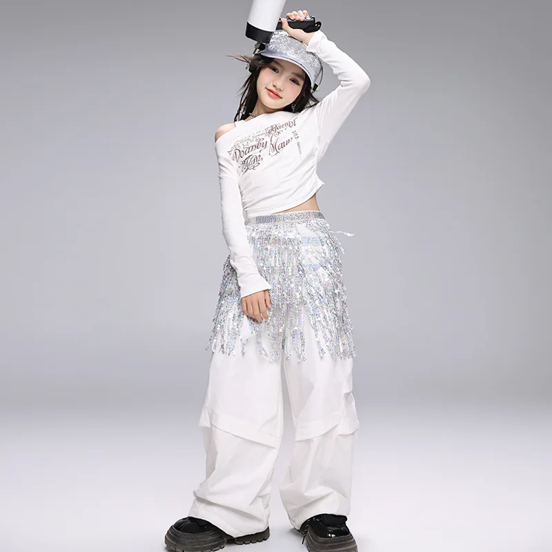 Mädchen Hip Hop Dance Kostüm Langarm Top Weiß Hosen Anzug Kinder Moderne Jazz Dance Performance Kleidung Kinder Straße Tragen