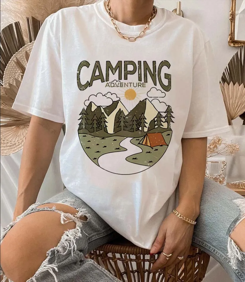 Fashion Style Short Sleeved Clothing O-Neck T-Shirt Women's Mountain Camping Pattern Basic T-Shirt Printed Casual Top T-Shirt.