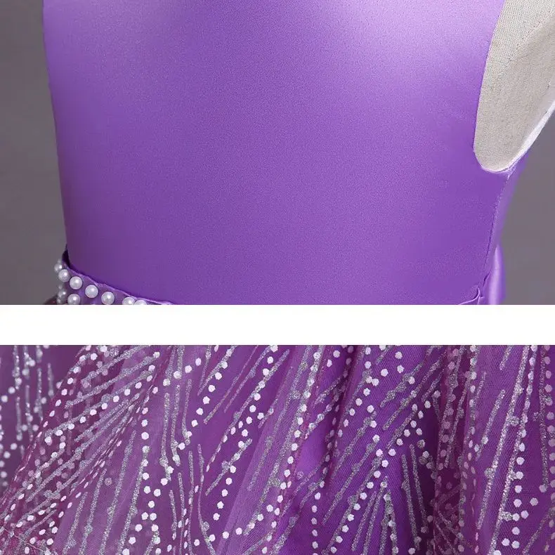 Girls Sleeveless Satin Pearl Sequins Tulle Princess Dress For Children Birthday Party Wedding Pageant Formal Ceremony Prom Gown