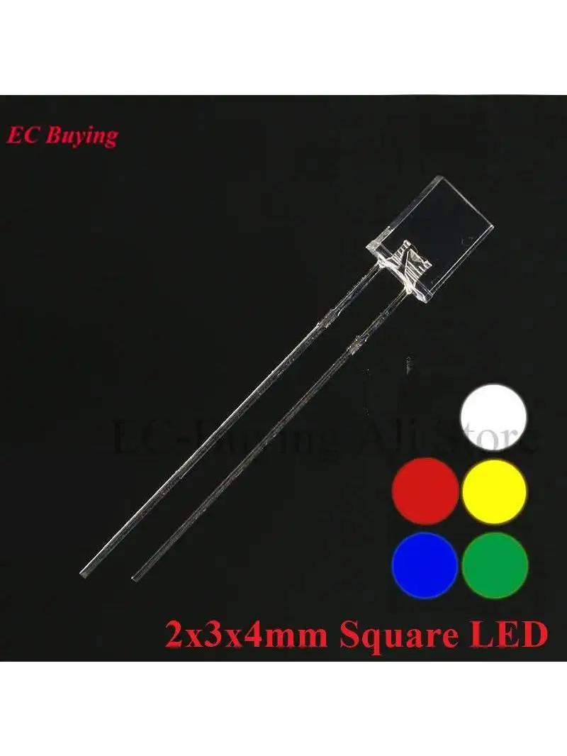 100 szt. Kwadrat 2*3*4mm Ultra jasna dioda LED przezroczysta dioda elektroluminescencyjna 2x3x4mm niebieski czerwony szmaragdowo-zielony żółty biały diody — zdjęcie 2