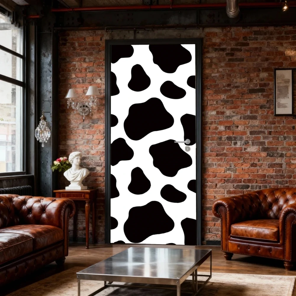 Self-adhesive Door Stickers Black And White Cow Print Vinyl Fridge Cover Decal Peel and Stick Wallpaper for Home Decor