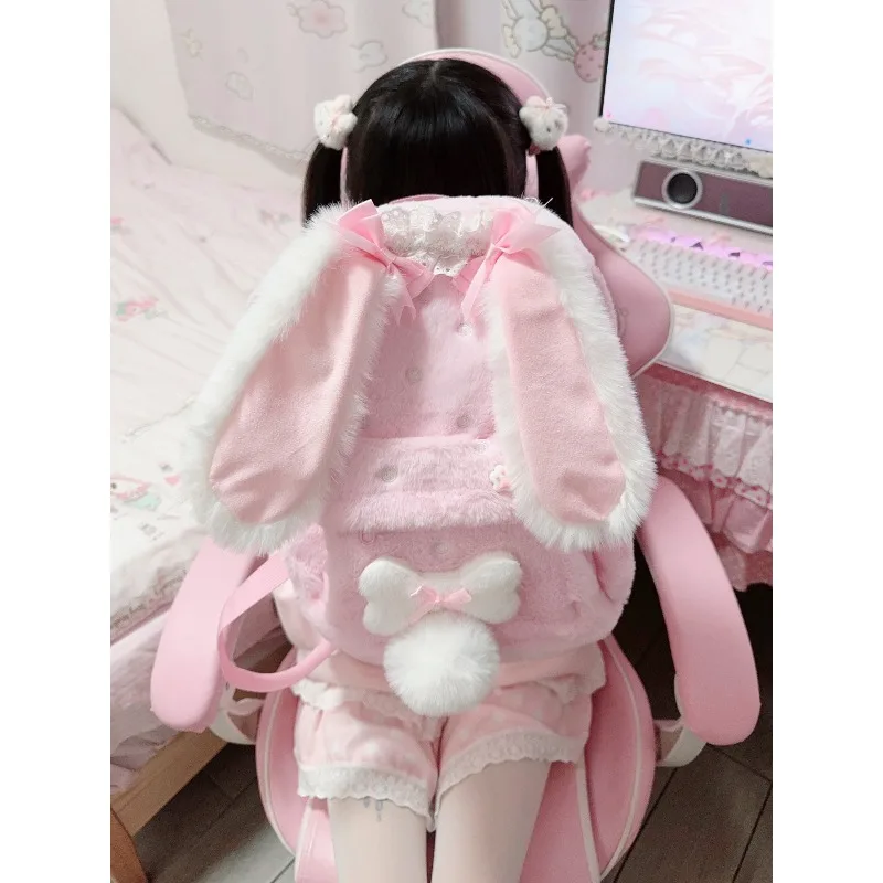 DoLife Store Y2K 2026 Rabbit Ears Pink Backpack Rabbit Bow Bones Cute Pink Daughter Clothing Backpack