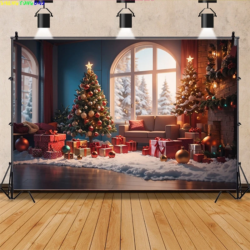 

Vinyl Christmas Day Photography Backdrops Living Room Indoor Ornament Green Door Wreath Photo Studio Background Props QS-44